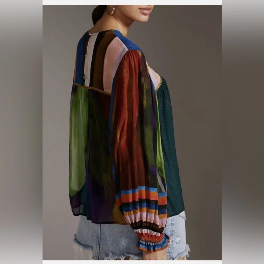 Blank London Anthropologie Miranda Peasant Blouse Striped Artsy Floral Boho XS - Picture 4 of 13